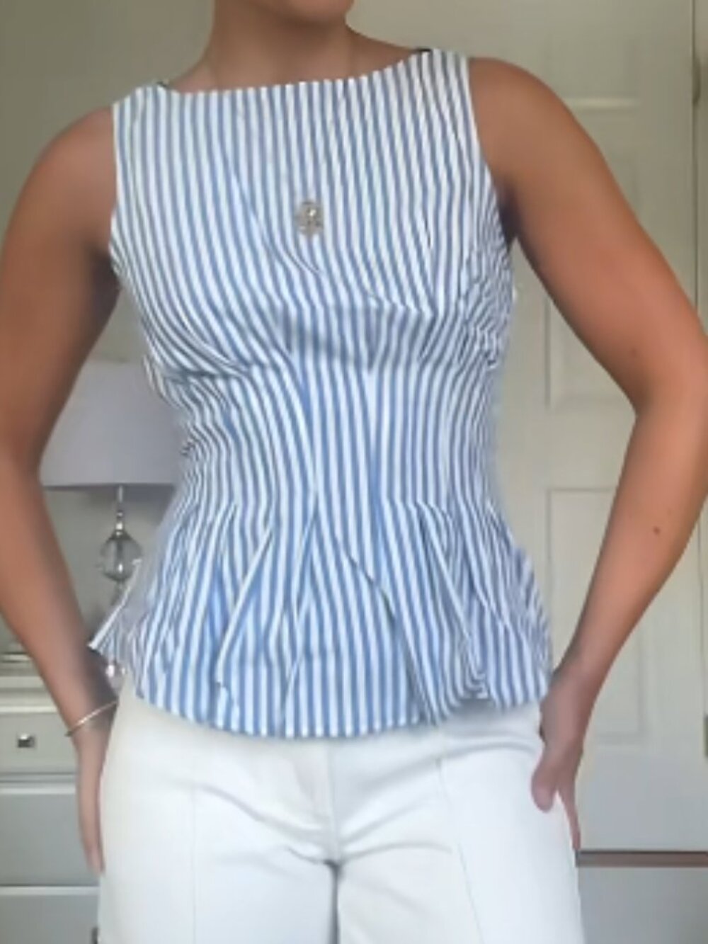 Cider Blue and White Vertical Stripe Sleeveless Peplum Tank